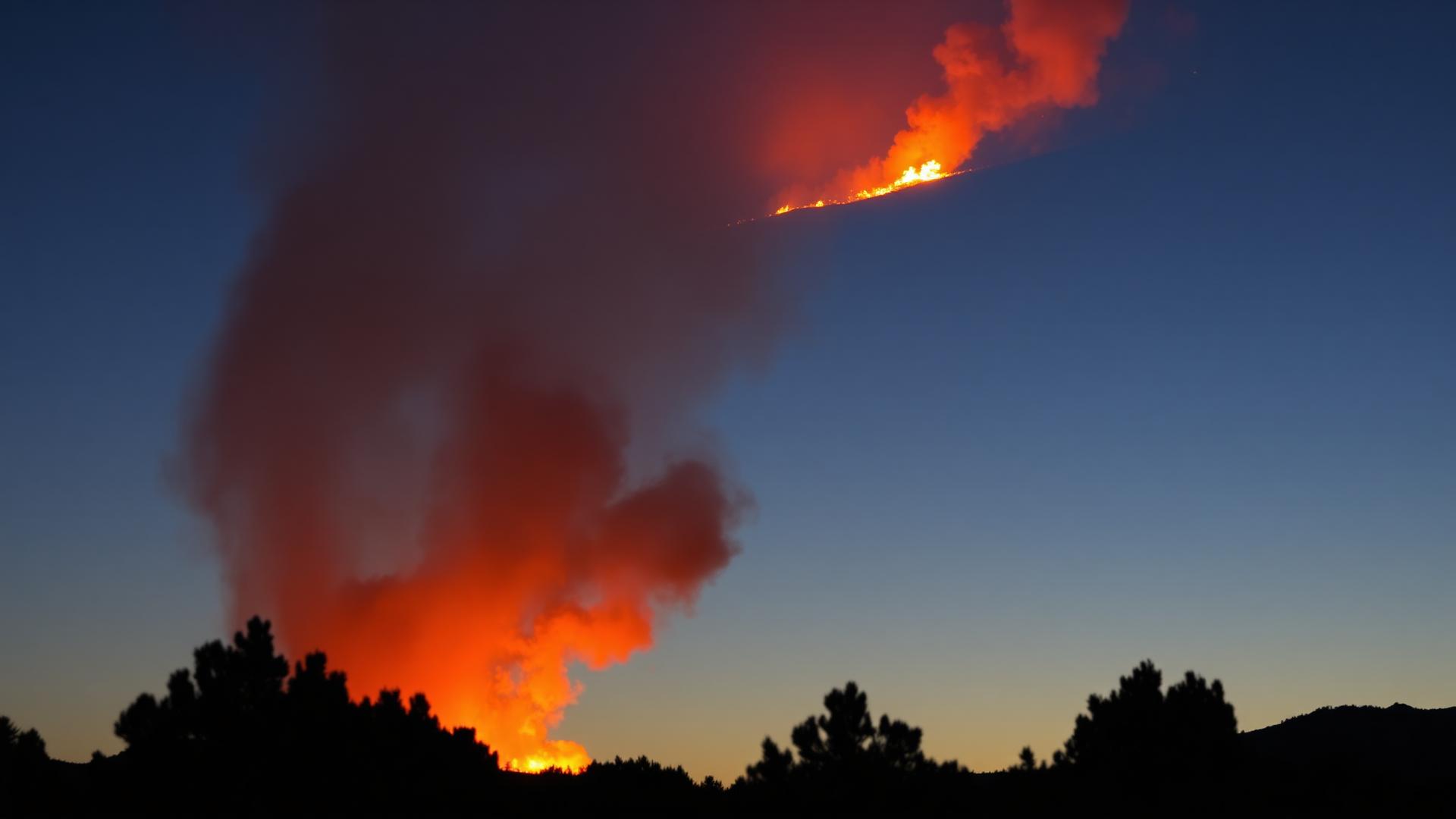 Forêt de pins avec un incendie au loin au crépuscule